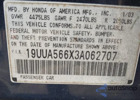 2003 Acura Tl 3.2 z USA, uszkodzony, nr VIN 19UUA566X3A062707